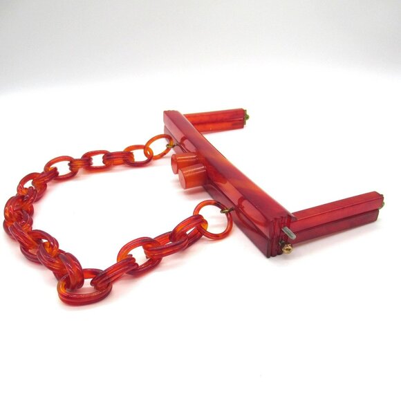 Vintage Chunky Lucite Purse Frame Linked Chain Handle Vermilion - Picture 3 of 16